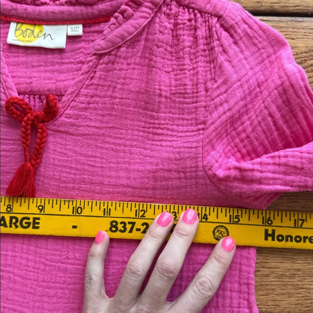 Boden Girls Pink Tiered Gauzy Cotton Dress 11-12y Pockets Long Sleeve Bow Detail